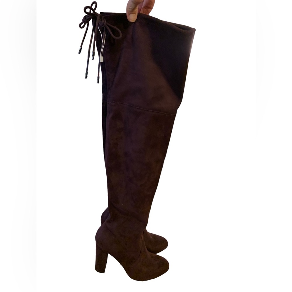 Maroon burgundy over the knee faux suede boot New never worn 4” wrapped heel 8.5